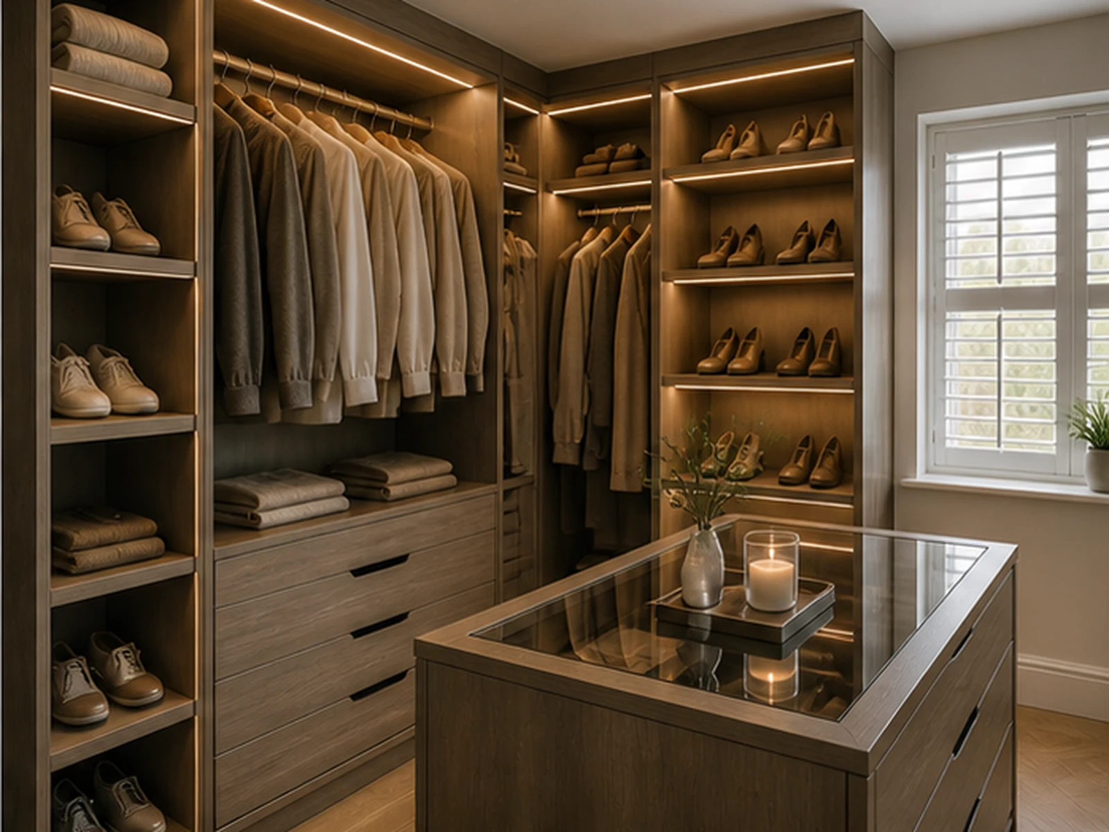 Walk-in wardrobe with integrated lighting — design-led imagery